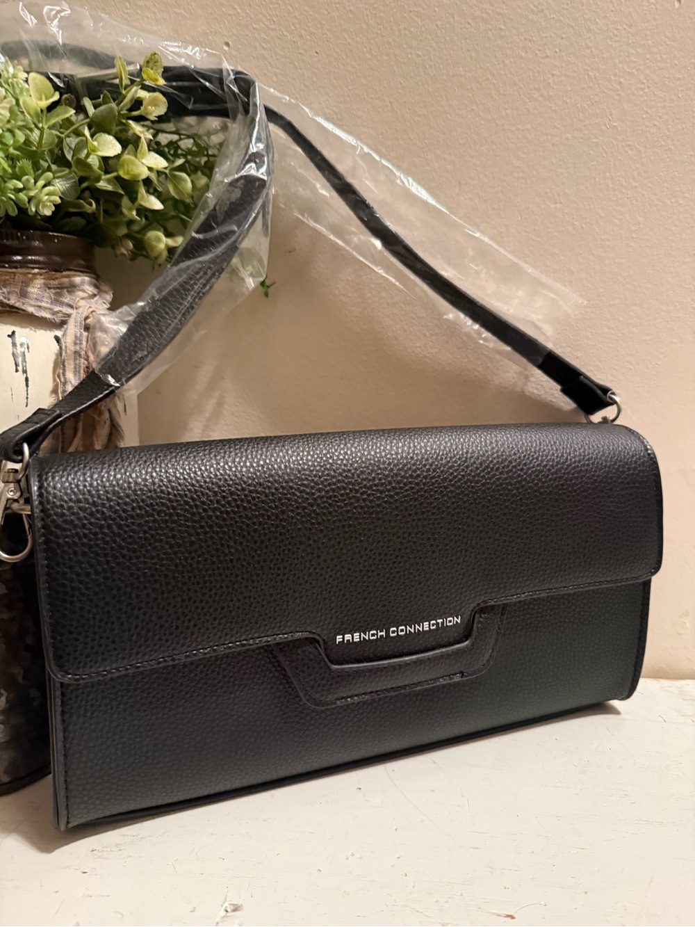 French Connection Kitty Pebble Leather Shoulder Bag Black NWT